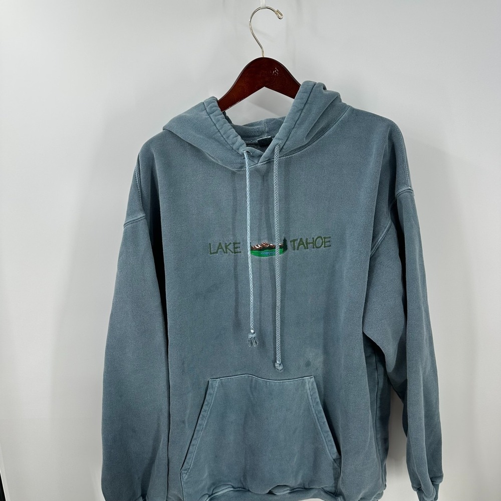 VTG Y2K‎ Lake Tahoe Kangaroo Pocket Outdoor Pullover Hoodie Faded Blue Size XL